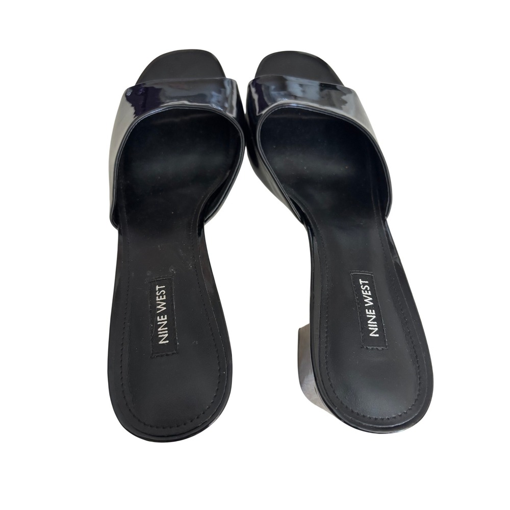 Nine West Black Patent Leather Block Heel Slide Sandals Mules Square Toe Size 10 - Picture 5 of 7